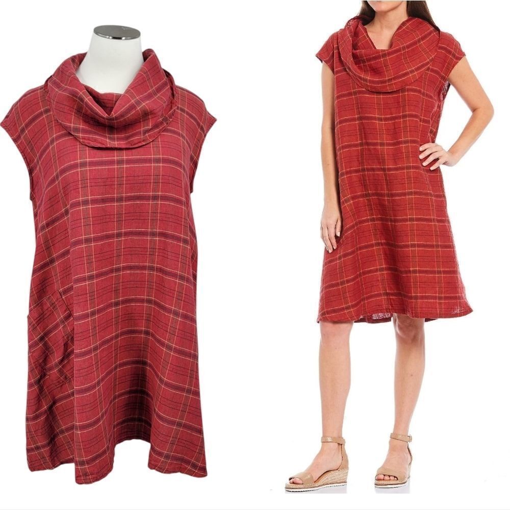 Bryn Walker Nolan Linen Plaid Cowl Neck Tunic Dress Women's Size XL